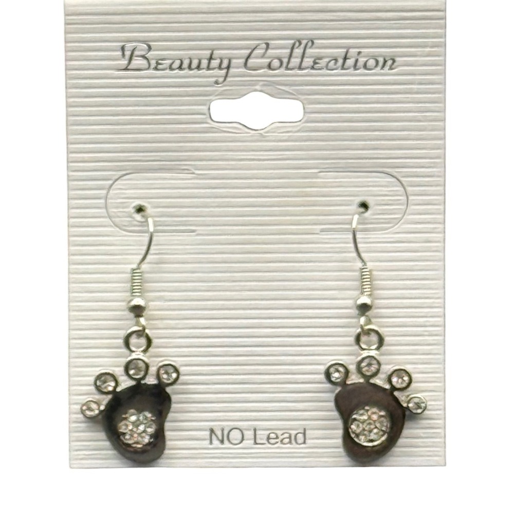 Beauty Collection Silver Tone Rhinestone Paw Print Dangle Earrings No Lead NEW